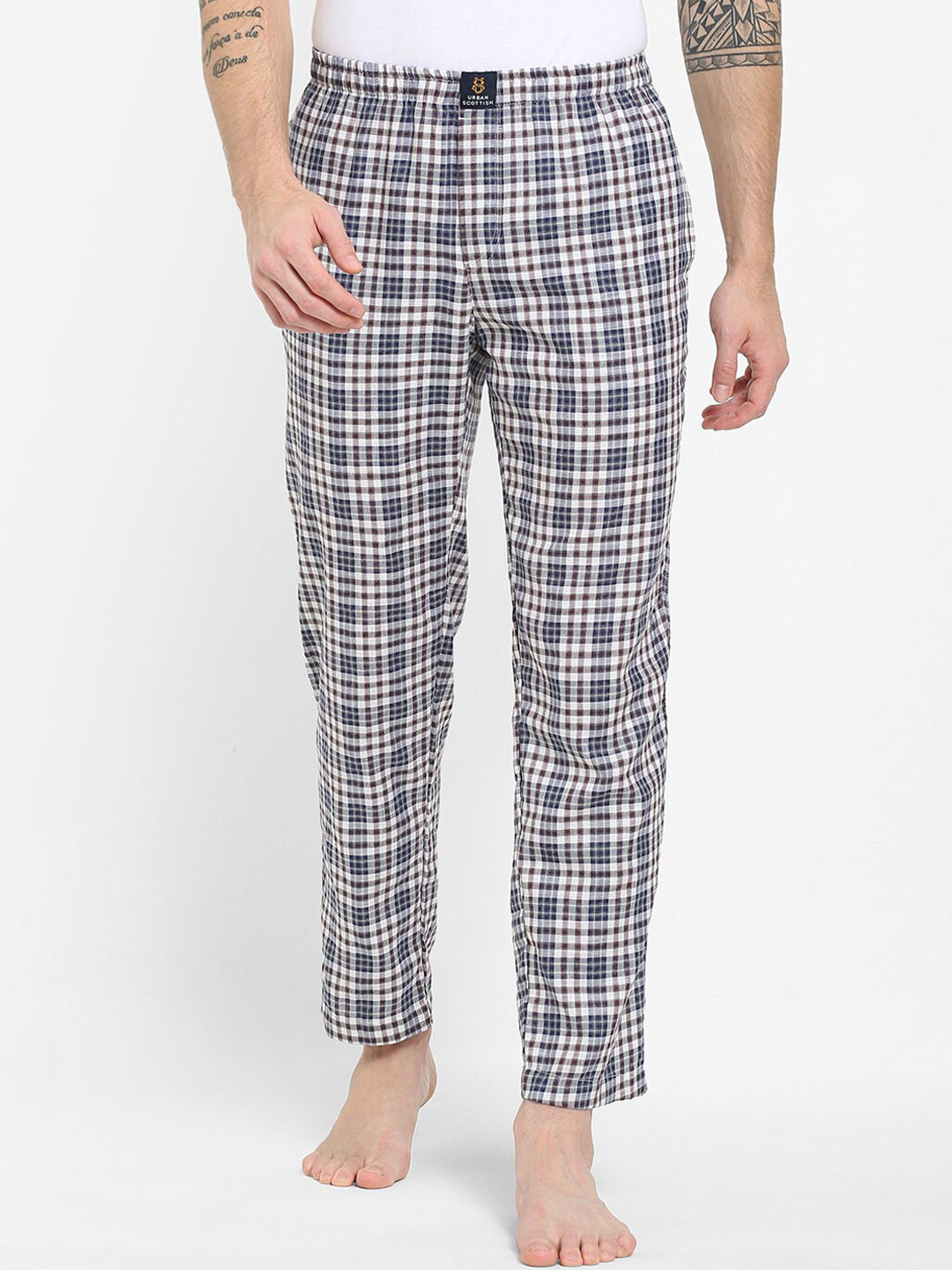 

URBAN SCOTTISH Men Blue & White Checked Pure Cotton Lounge Pants