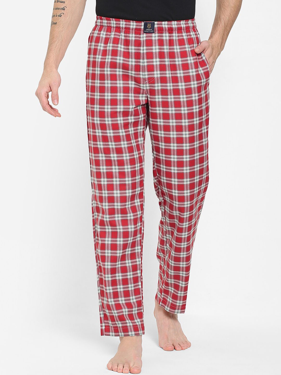 

URBAN SCOTTISH Men Red & White Checked Pure Cotton Lounge Pants