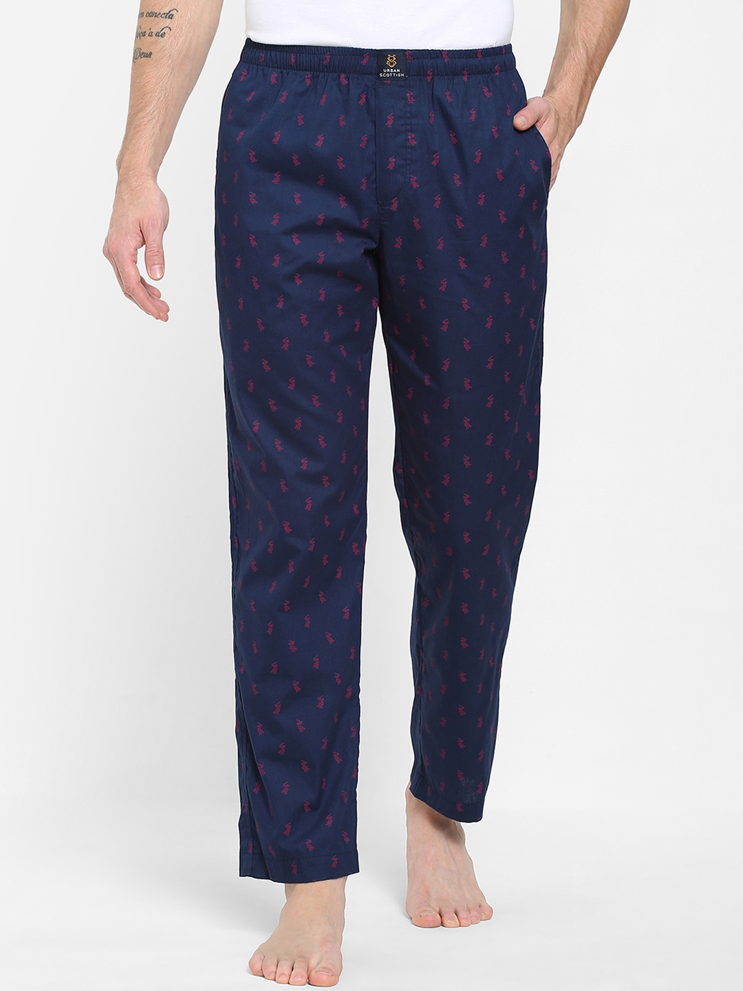 

URBAN SCOTTISH Men Navy Blue & Pink Printed Pure Cotton Lounge Pants