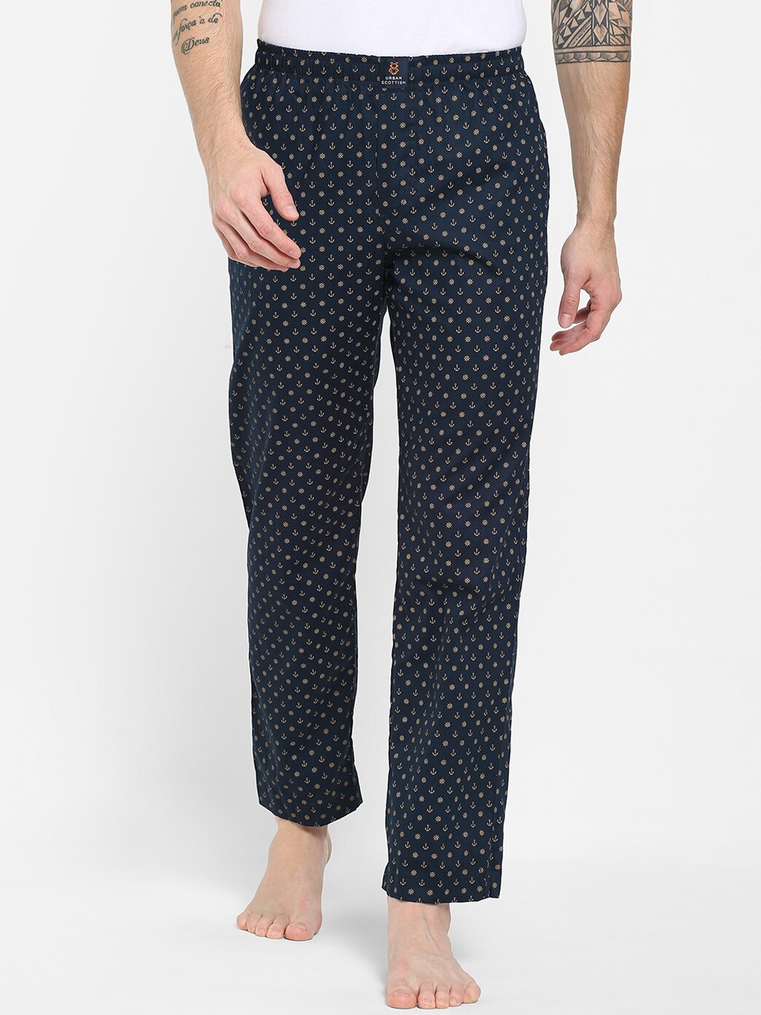 

URBAN SCOTTISH Men Navy Blue & Gold Printed Pure Cotton Lounge Pants