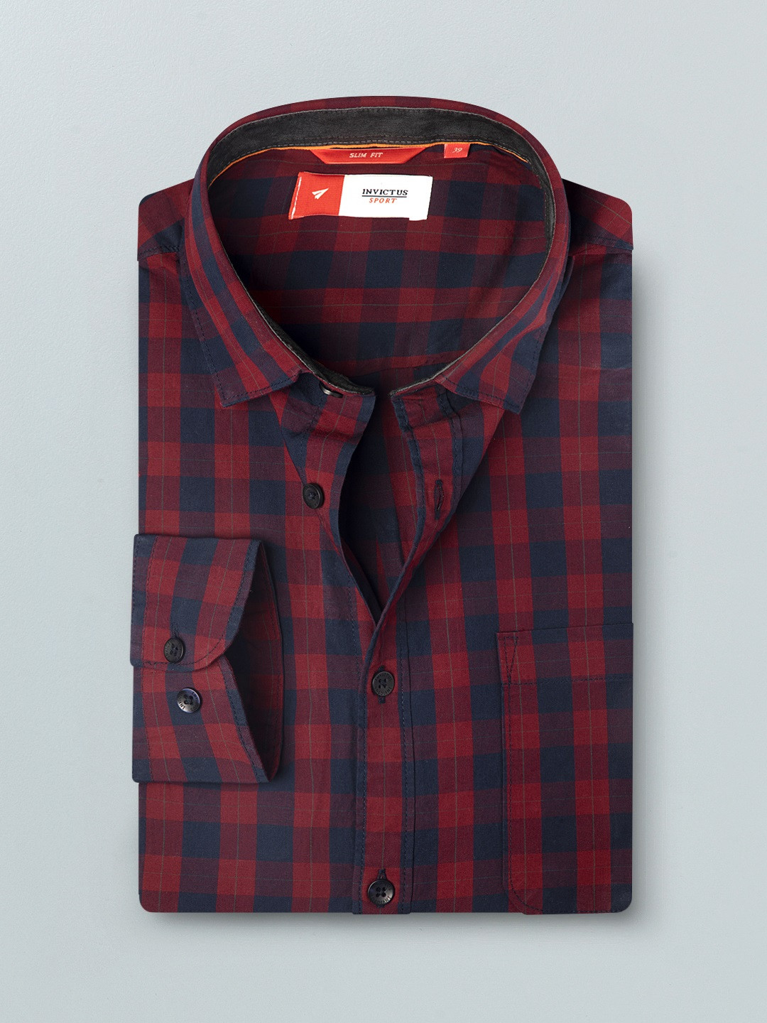 

INVICTUS Men Maroon & Navy Blue Checked Pure Cotton Slim Fit Casual Shirt