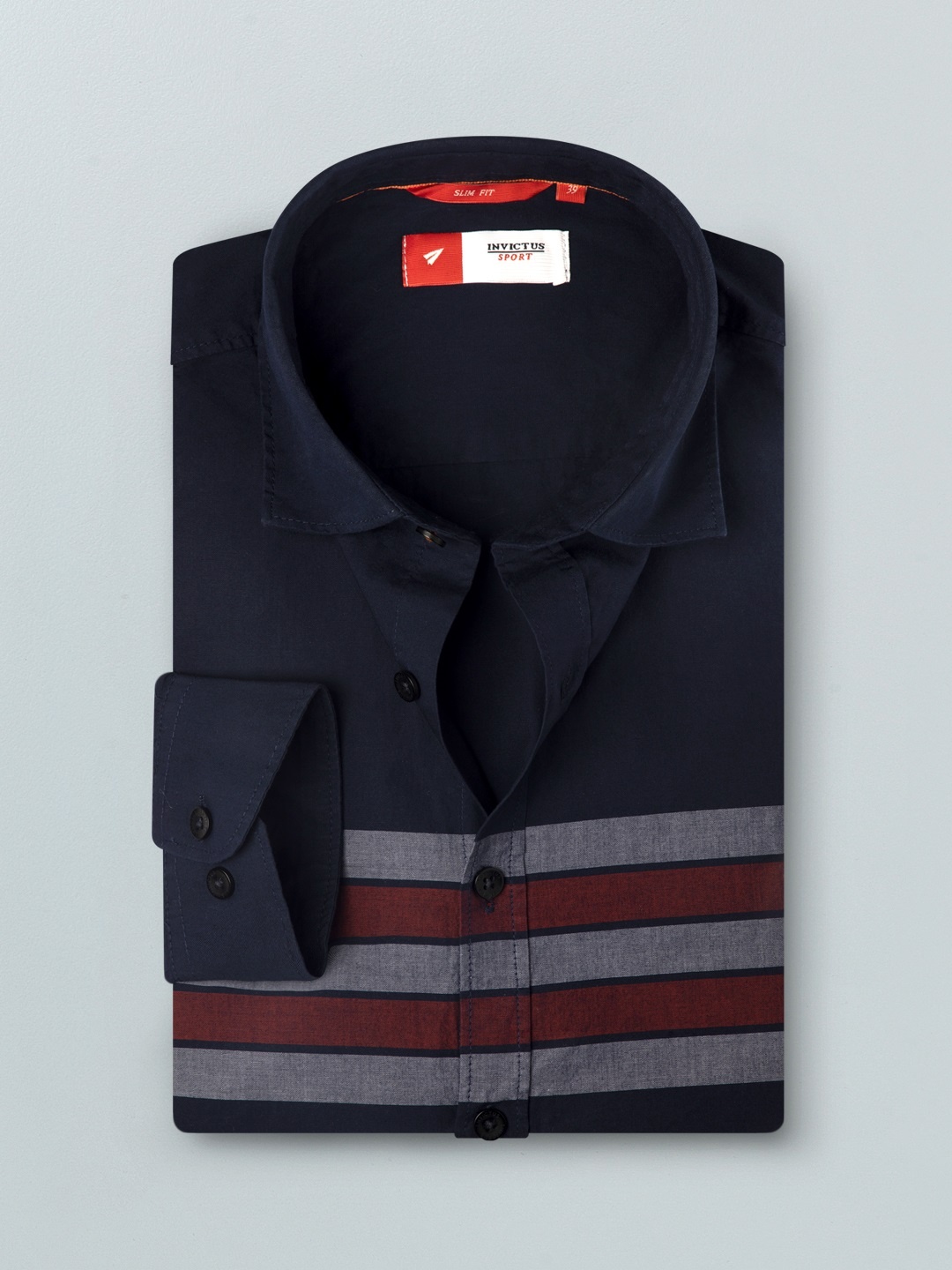 

INVICTUS Men Navy Blue & Grey Slim Fit Horizontal Stripes Casual Shirt
