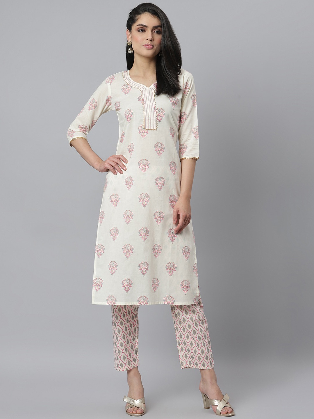 

Stylum Women Off White Ethnic Motifs Printed Pure Cotton Kurta with Trousers