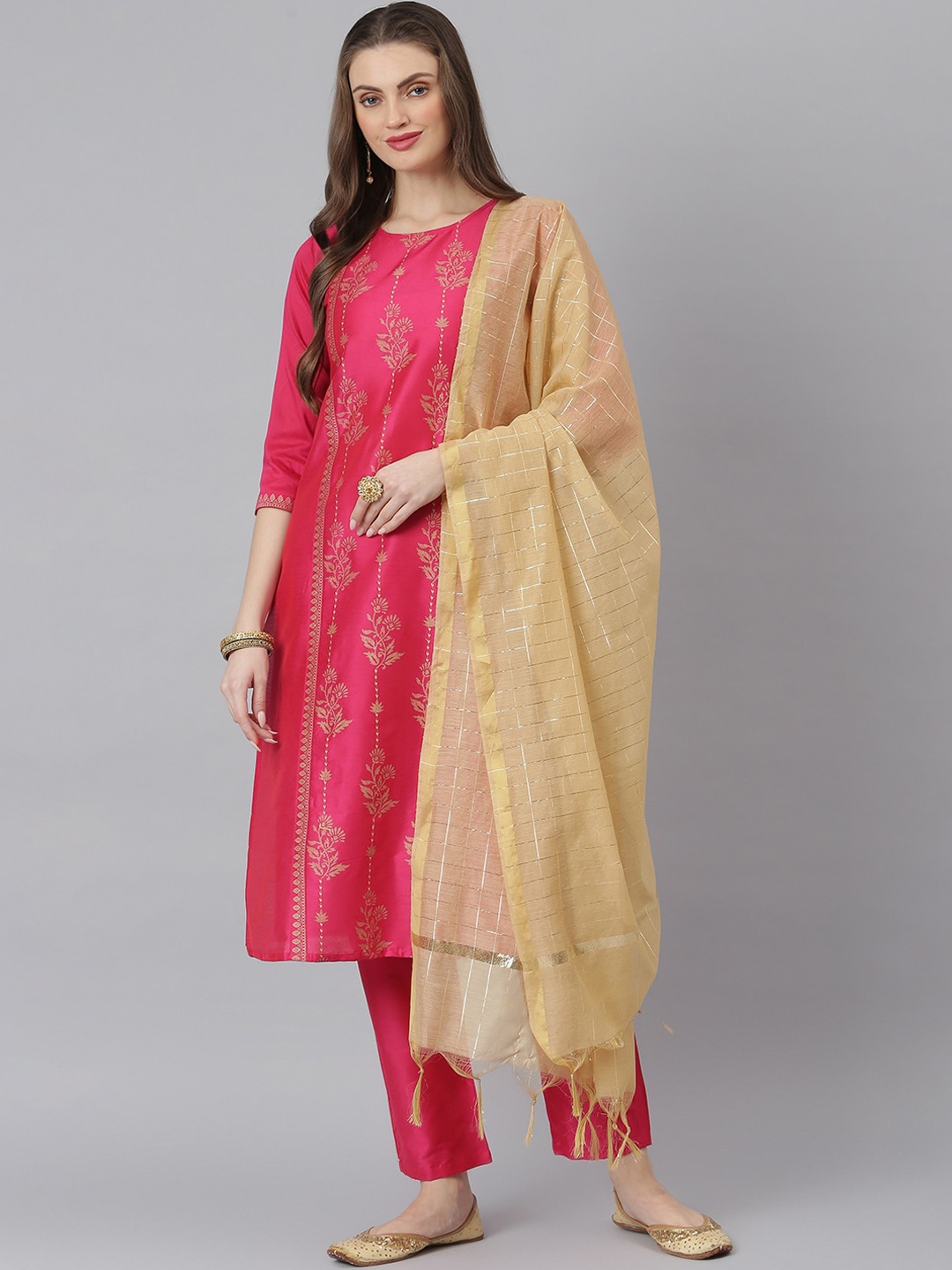 

Stylum Women Pink Layered Kurti with Trousers & With Dupatta