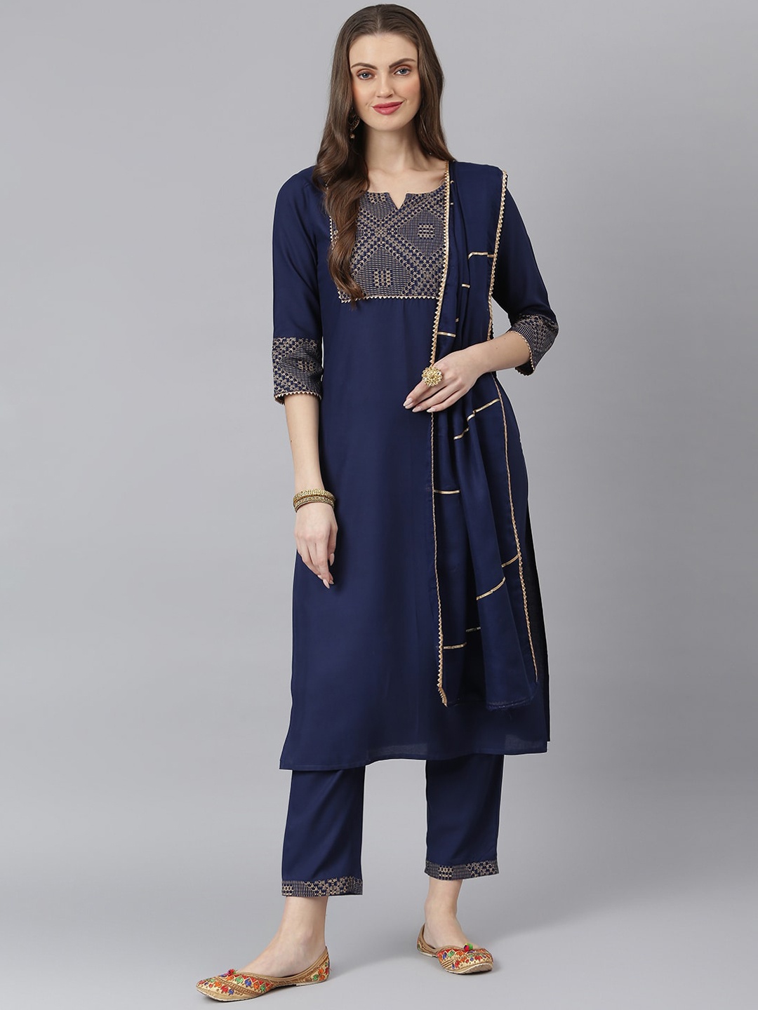

Stylum Women Blue Yoke Design Layered Kurti with Trousers & With Dupatta