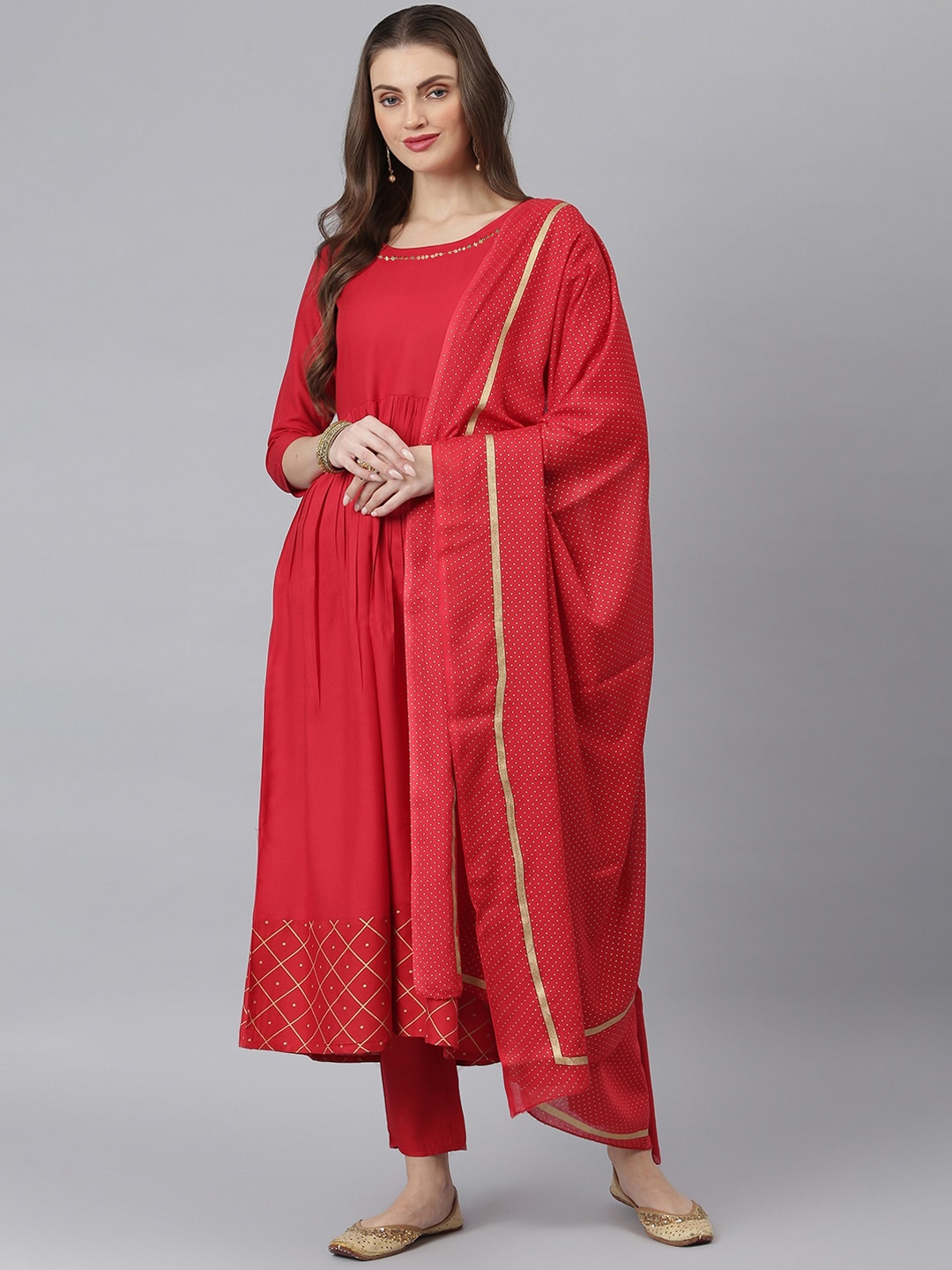 

Stylum Women Maroon Pleated Kurta with Trousers & With Dupatta