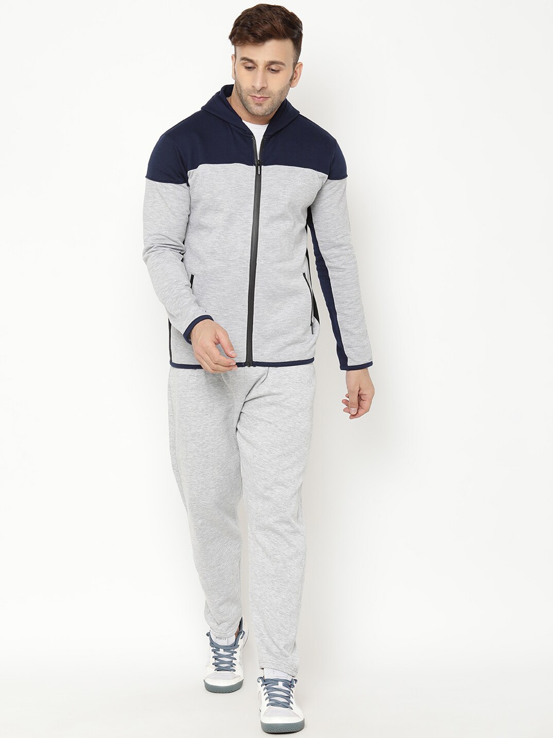 

Chkokko Men Grey Colurblocked Cotton Hooded Tracksuit