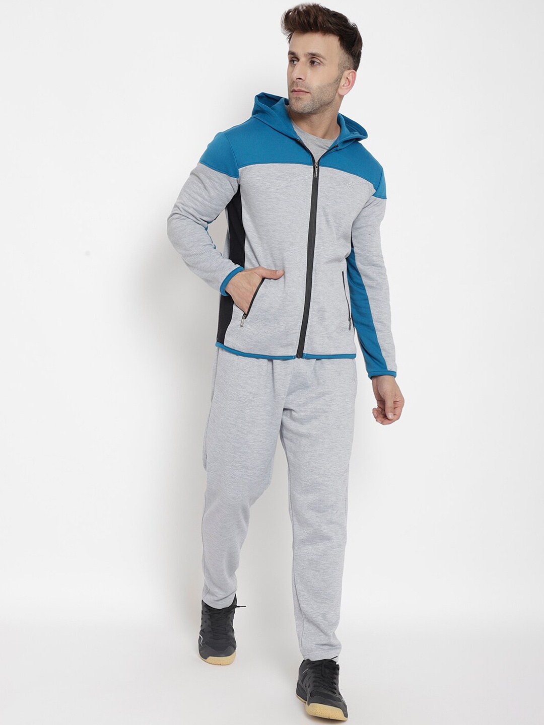 

Chkokko Men Grey & Blue Colourblocked Cotton Tracksuit