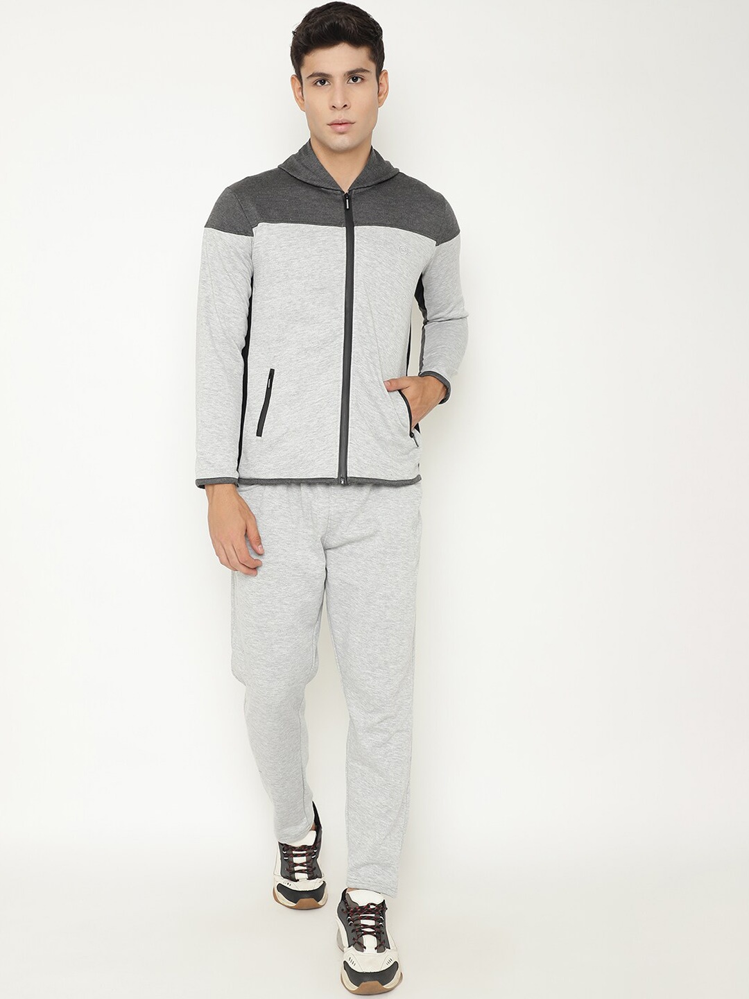 

Chkokko Men Grey Melange Colourblocked Cotton Tracksuits