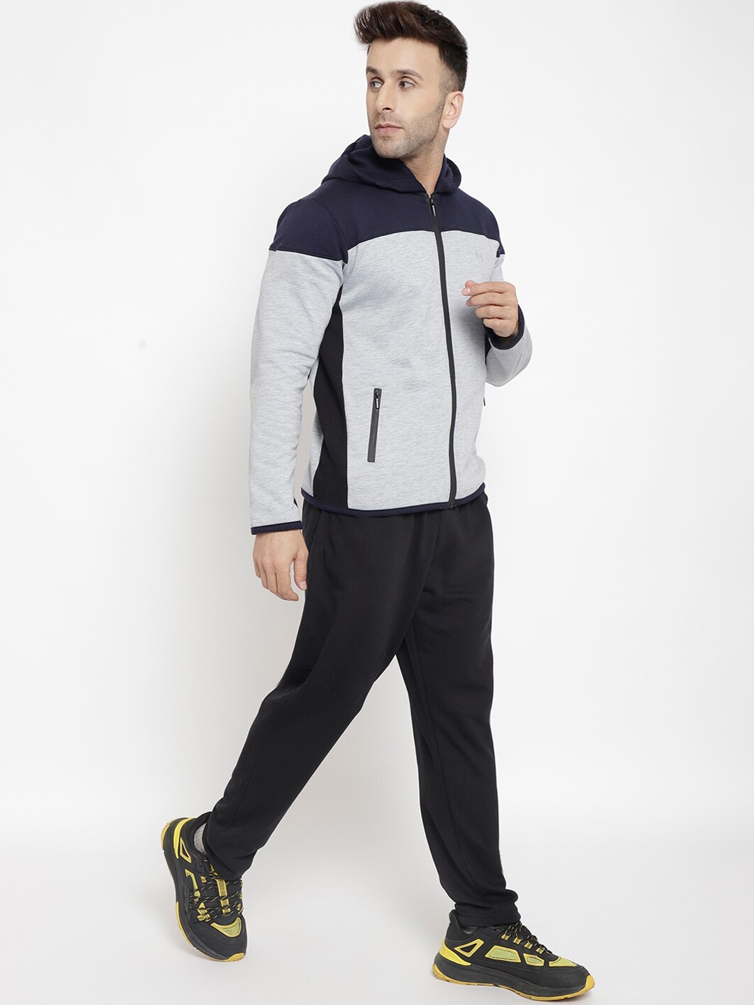 

Chkokko Men Grey & Navy Blue Colourblocked Cotton Hooded Tracksuits