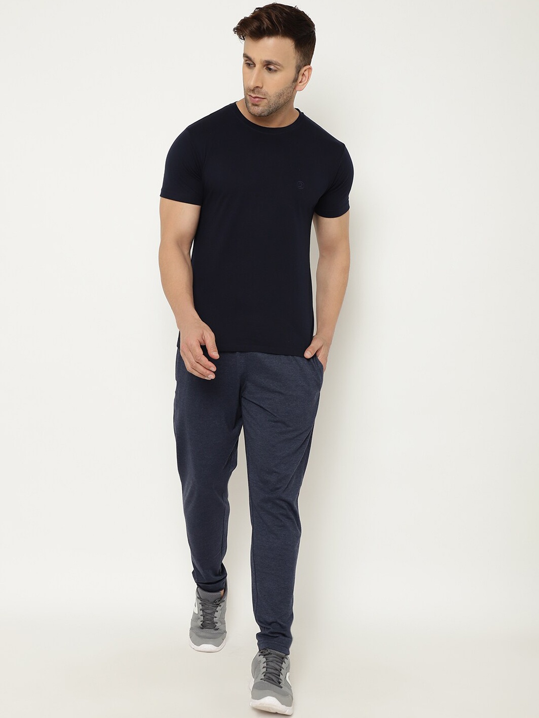 

Chkokko Men Navy Blue Solid Cotton Track Suit
