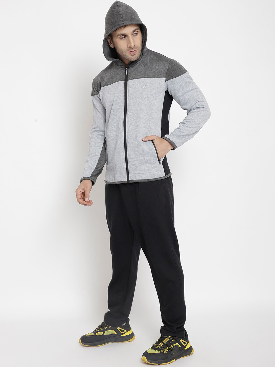 

Chkokko Men Grey & Black Solid Cotton Hooded Tracksuit