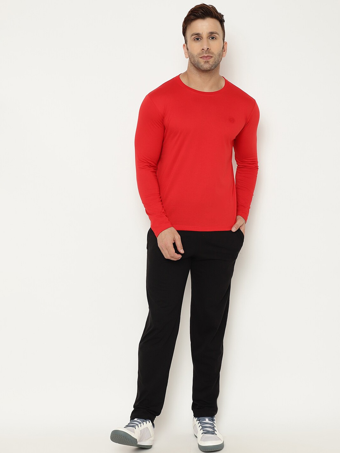 

Chkokko Men Red & Black Solid Cotton Tracksuit