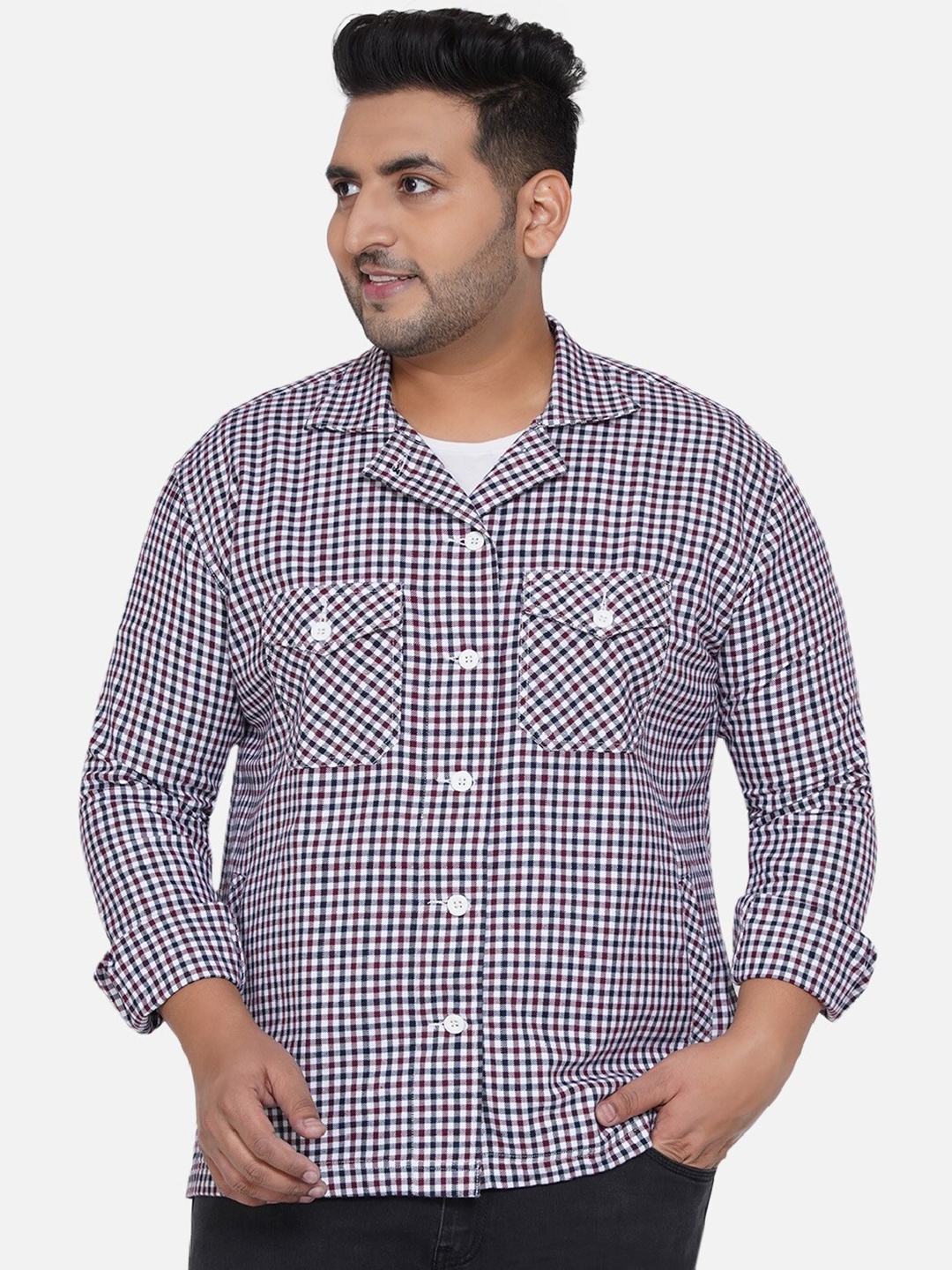 

John Pride Men White Gingham Checks Plus Size Casual Shirt
