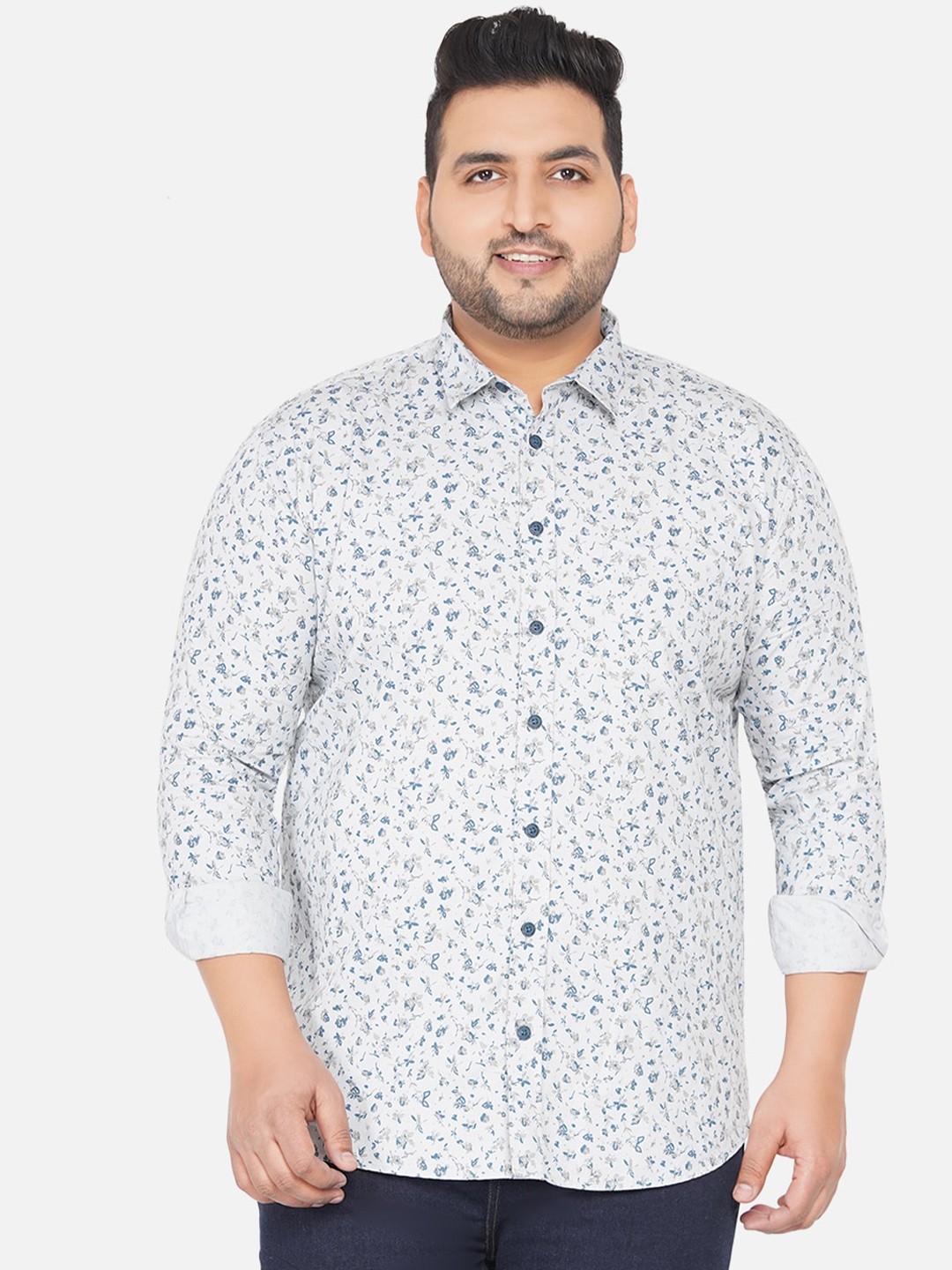 

John Pride Men Grey Floral Printed Cotton Plus Size Casual Shirt