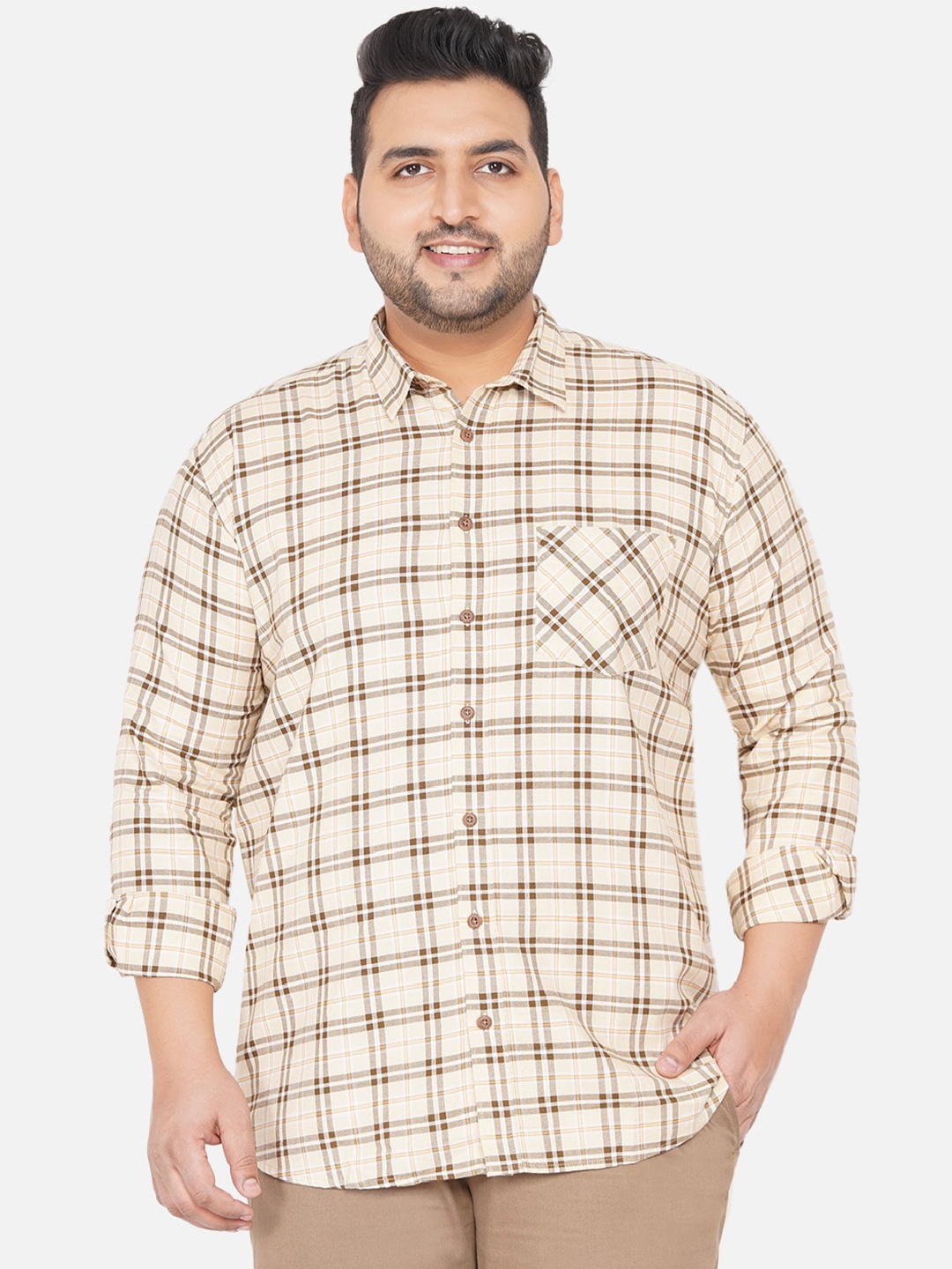 

John Pride Men Plus Size Beige Regular Fit Checked Casual Shirt