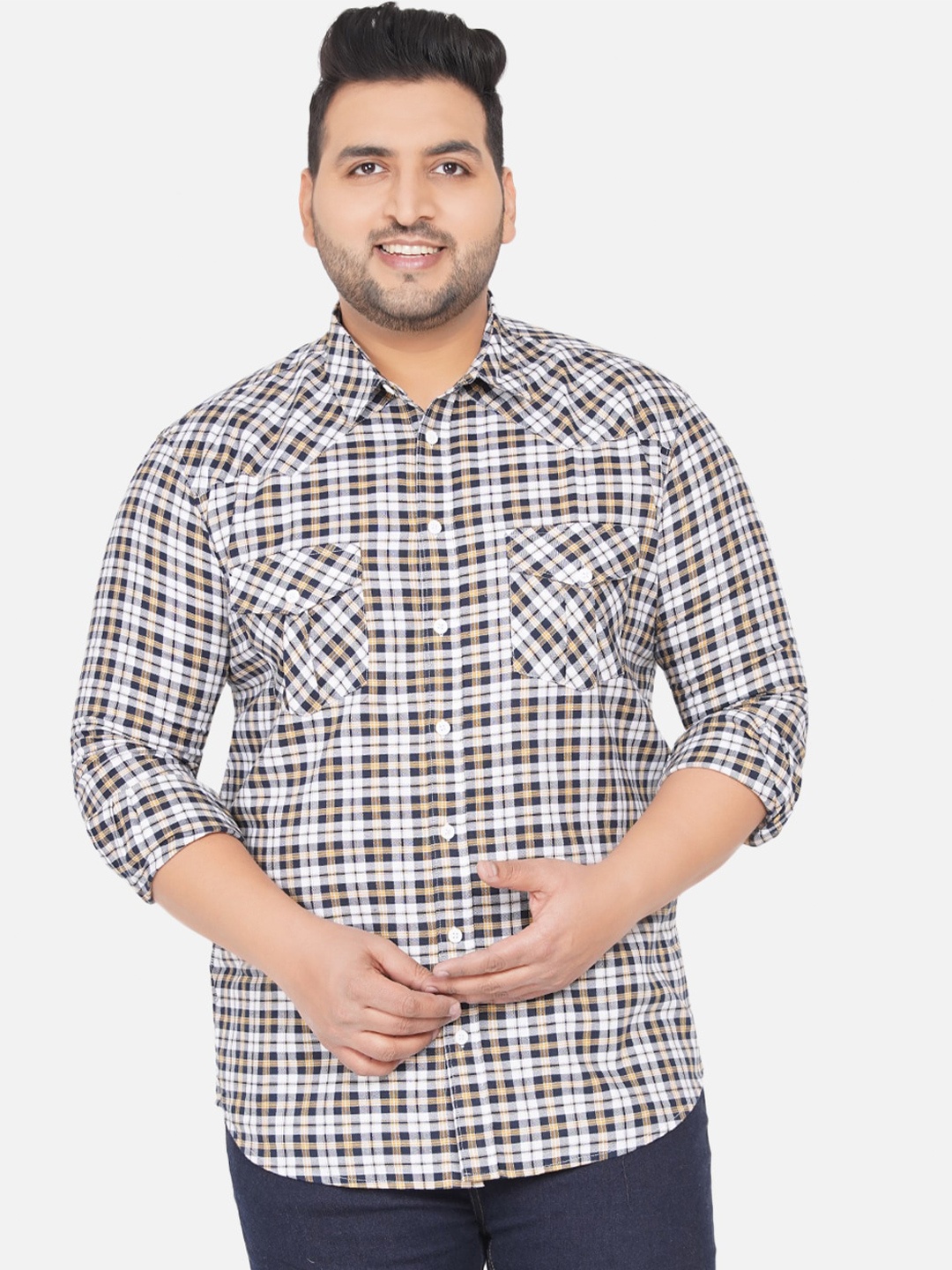 

John Pride Men Navy Blue Checked Plus Size Casual Shirt