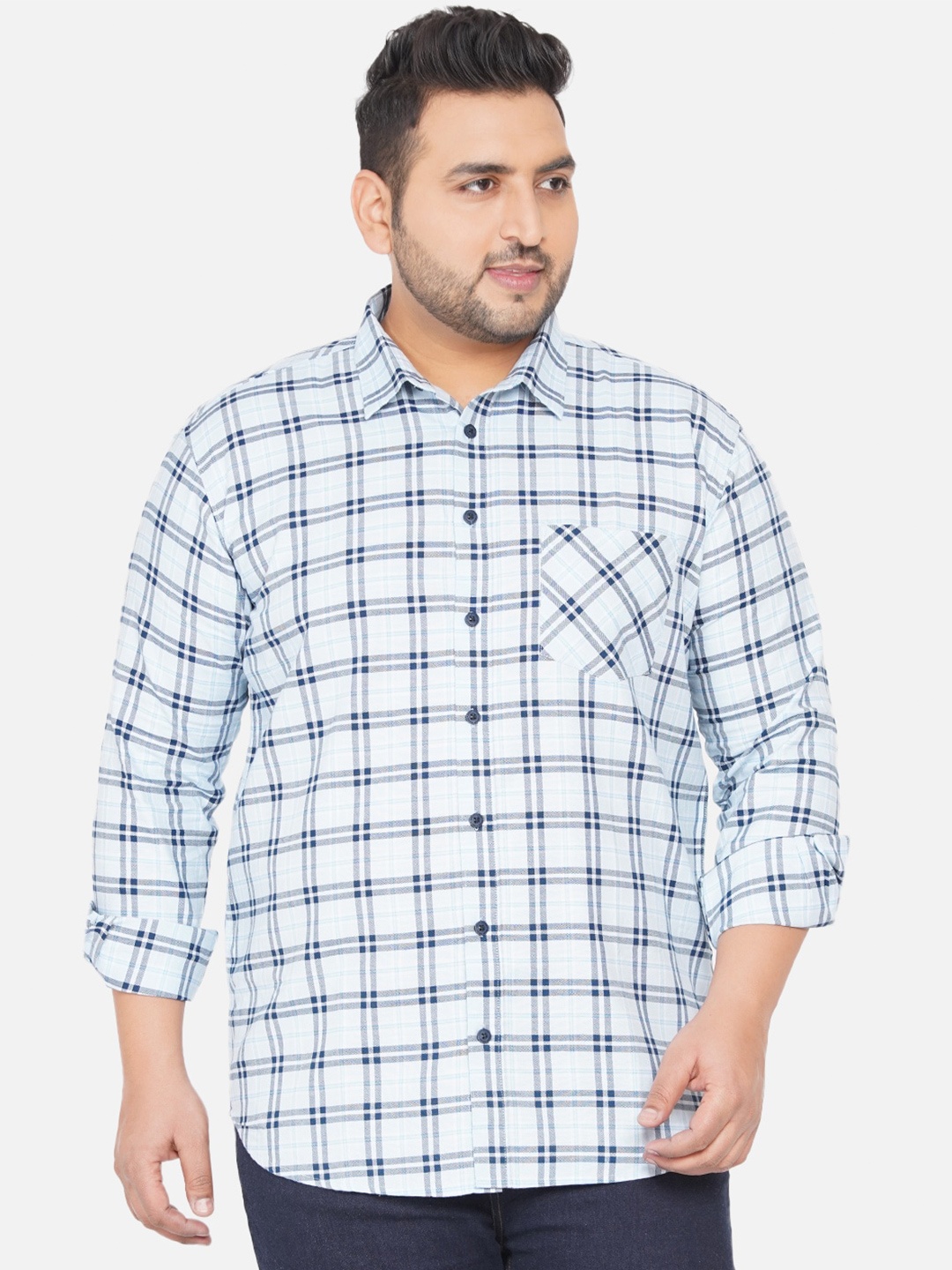 

John Pride Plus Size Men Blue Checked Casual Shirt
