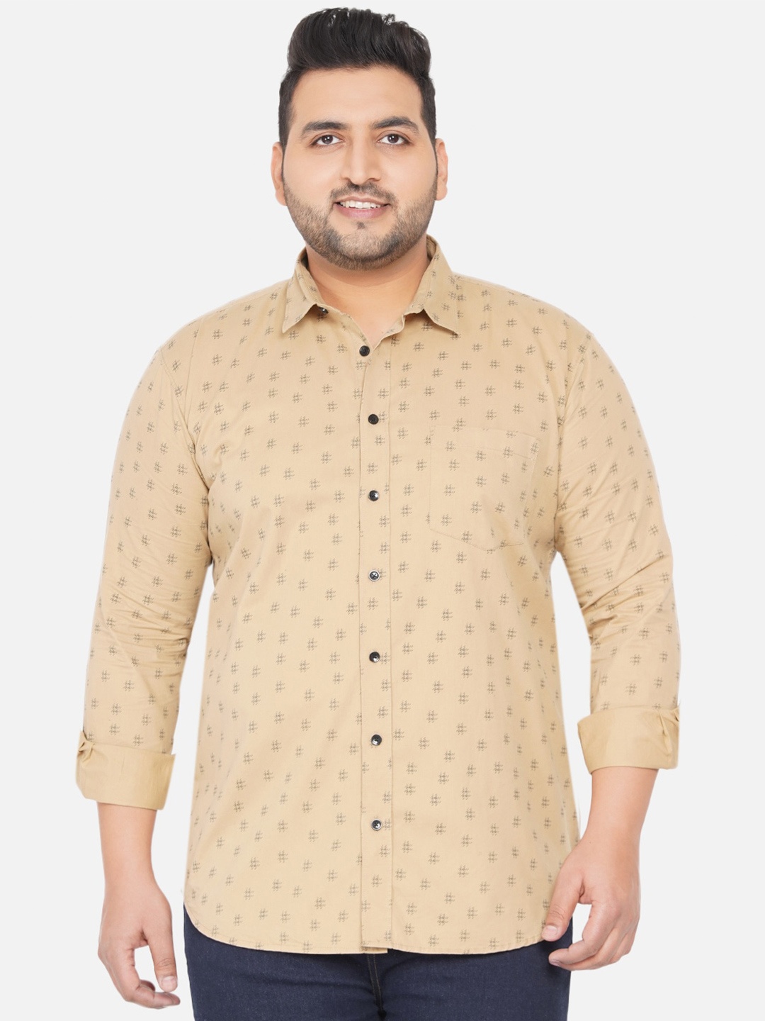 

John Pride Plus Size Men Beige Printed Casual Shirt