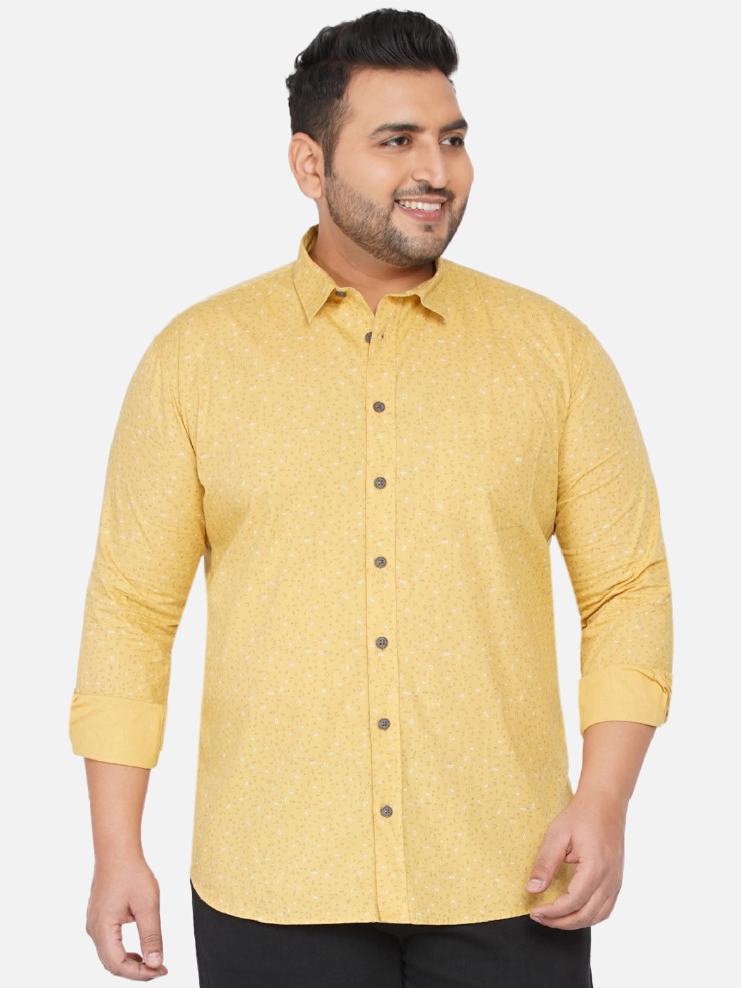 

John Pride Men Plus Size Yellow & White Printed Cotton Plus Size Casual Shirt