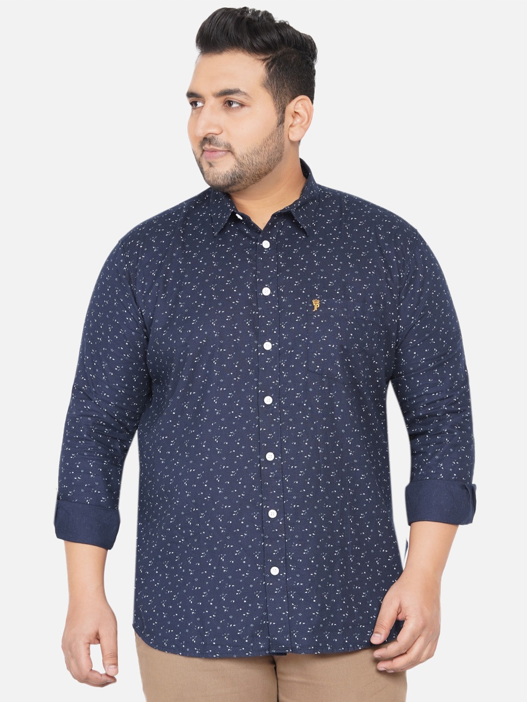 

John Pride Men Plus Size Navy Blue Floral Printed Cotton Casual Shirt