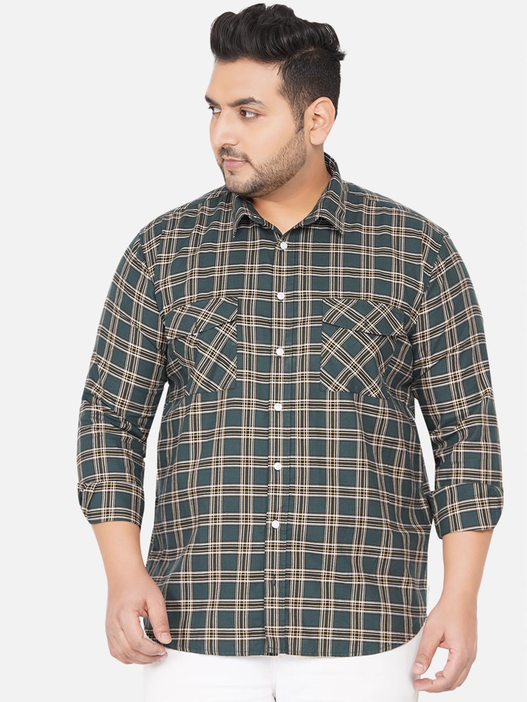 

John Pride Men Green Tartan Checks Double Flap Cotton Plus Size Casual Shirt