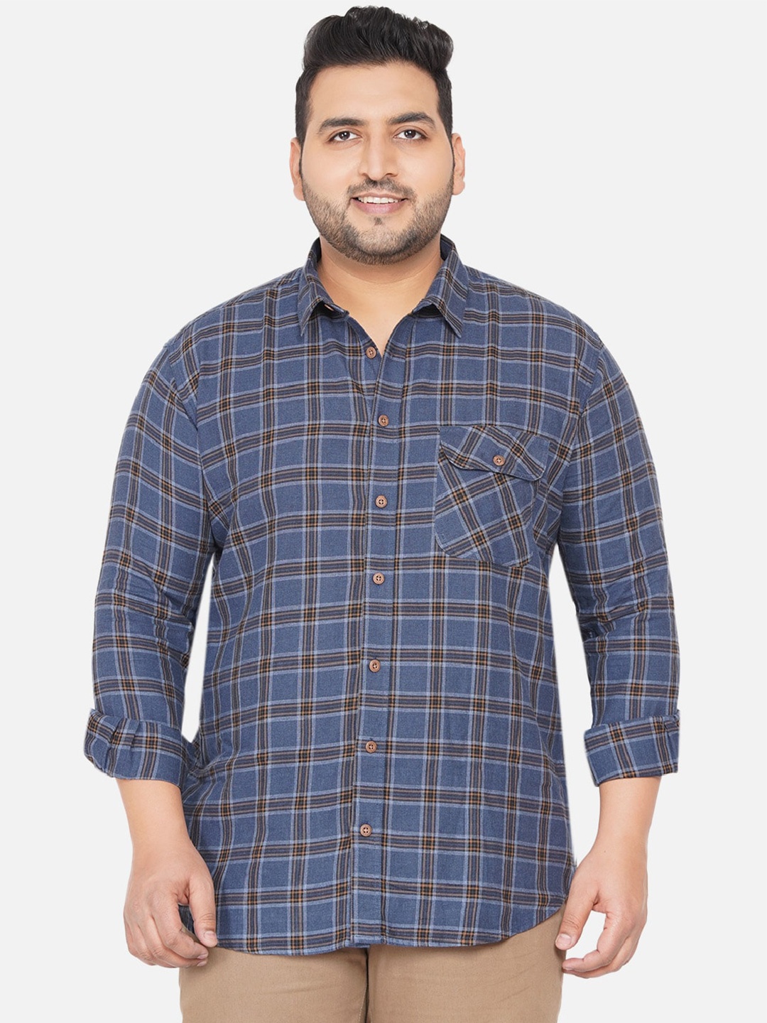 

John Pride Men Blue Checked Plus Size Casual Shirt