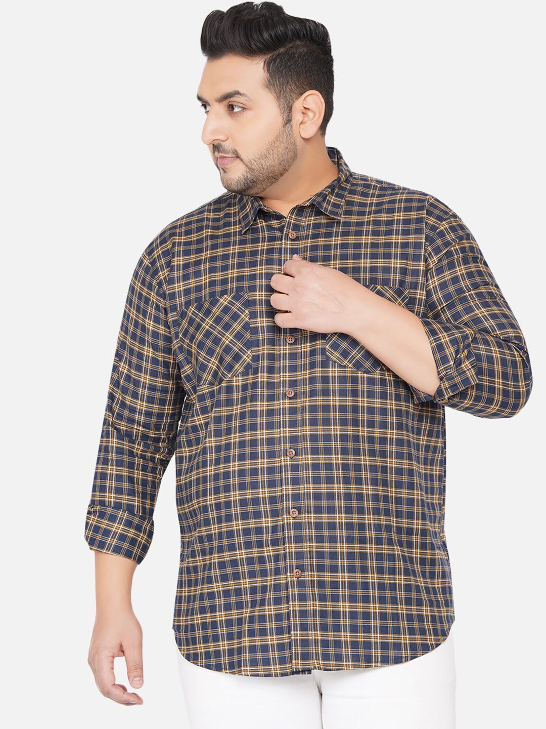 

John Pride Men Navy Blue Tartan Checks Checked Plus Size Casual Shirt