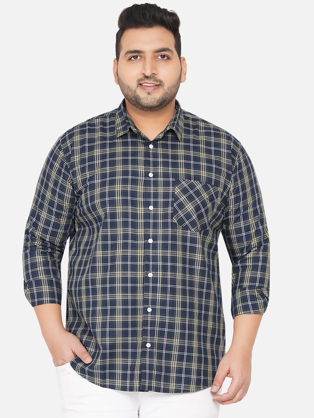 

John Pride Men Navy Blue Tartan Checks Checked Cotton Plus Size Casual Shirt