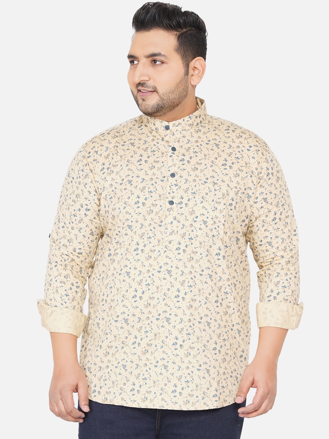 

John Pride Plus Men Beige Floral Printed Casual Shirt