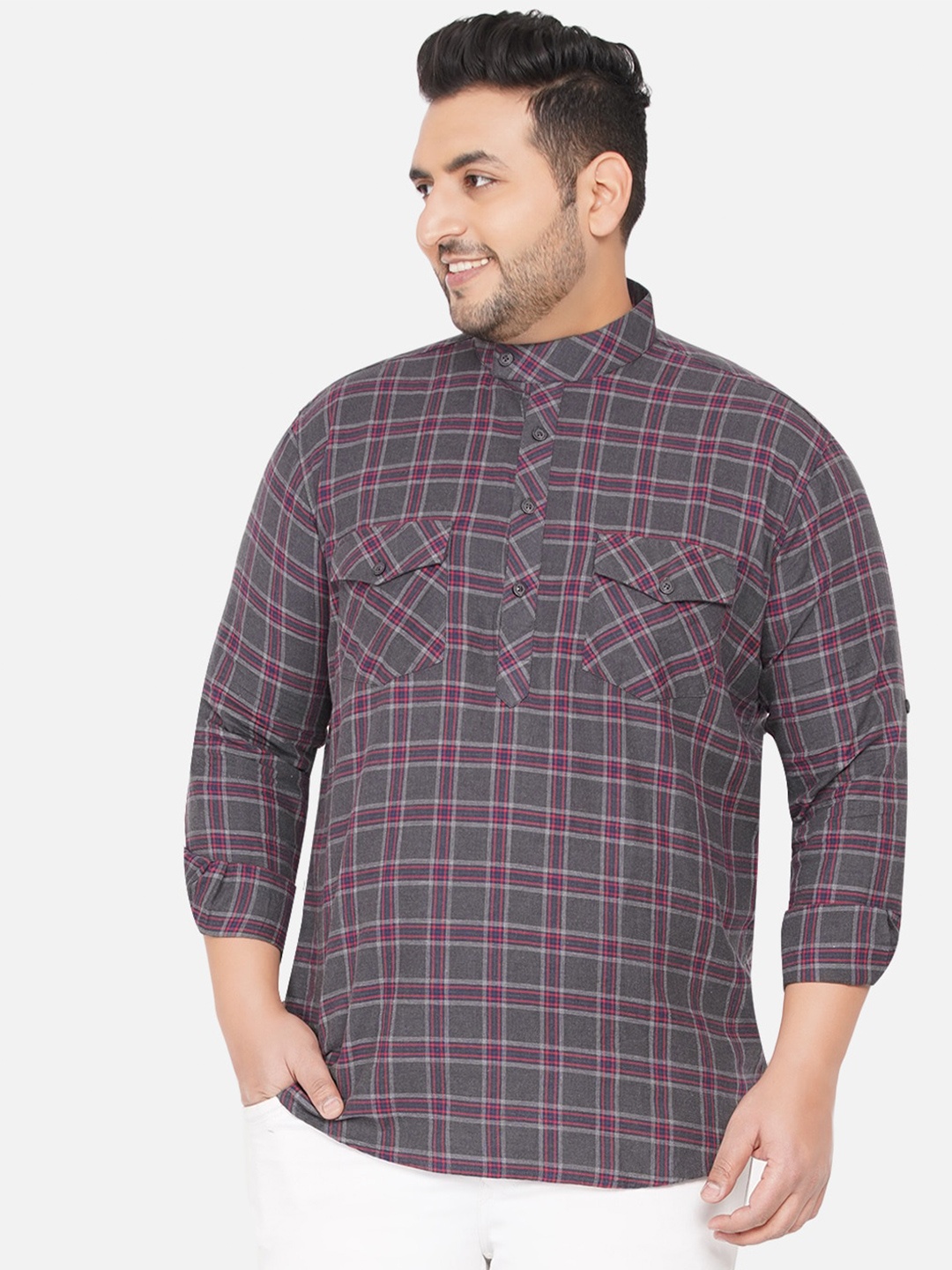 

John Pride Men Grey Tartan Checks Checked Plus Size Casual Shirt