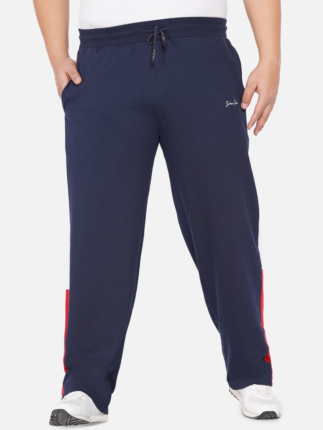 

John Pride Men Navy Blue & White Colourblocked Cotton Trackpant