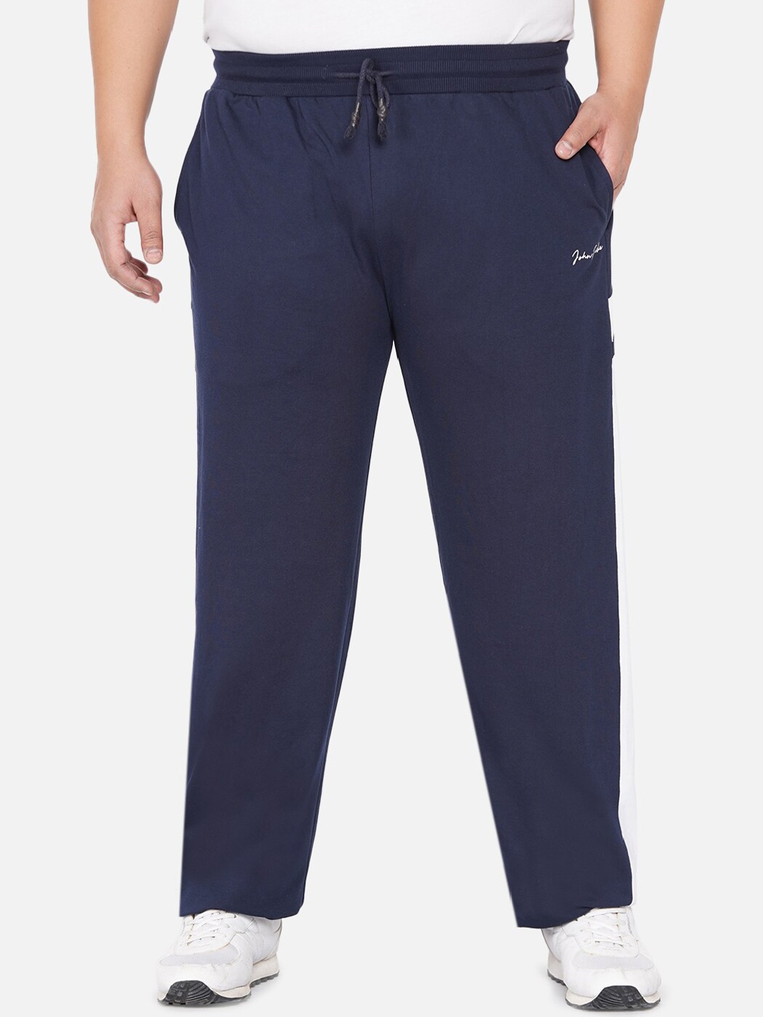 John Pride Men Plus Size Navy Blue & White Colourblocked Cotton Trackpant