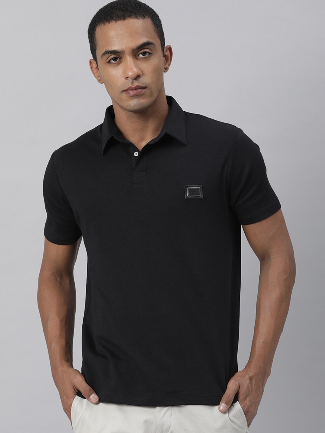

RARE RABBIT Men Badger Polo Collar Pure Cotton Slim Fit T-Shirt, Black