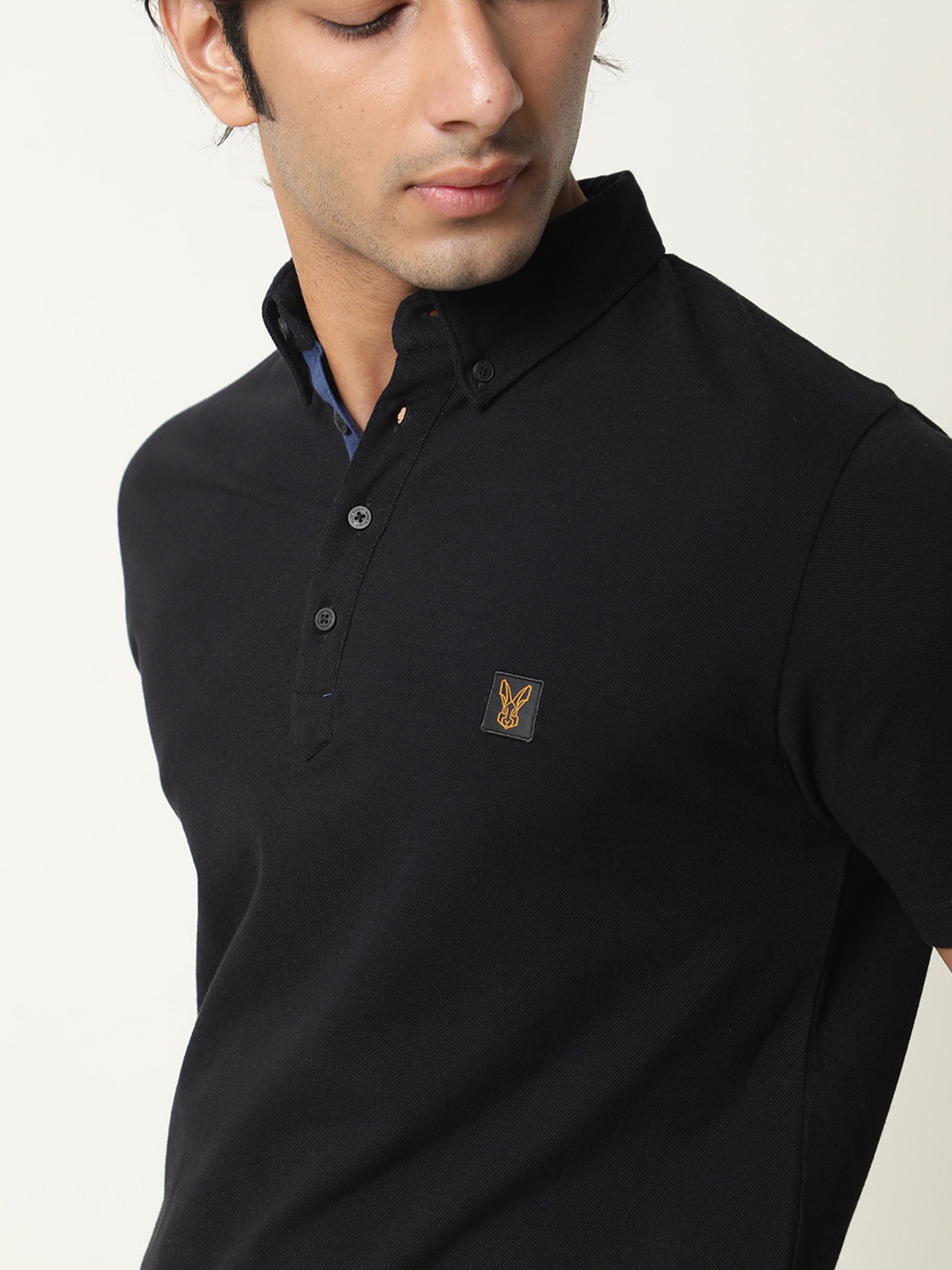 

RARE RABBIT Men Cassini-3 Polo Collar Pure Cotton Applique Slim Fit T-Shirt, Black