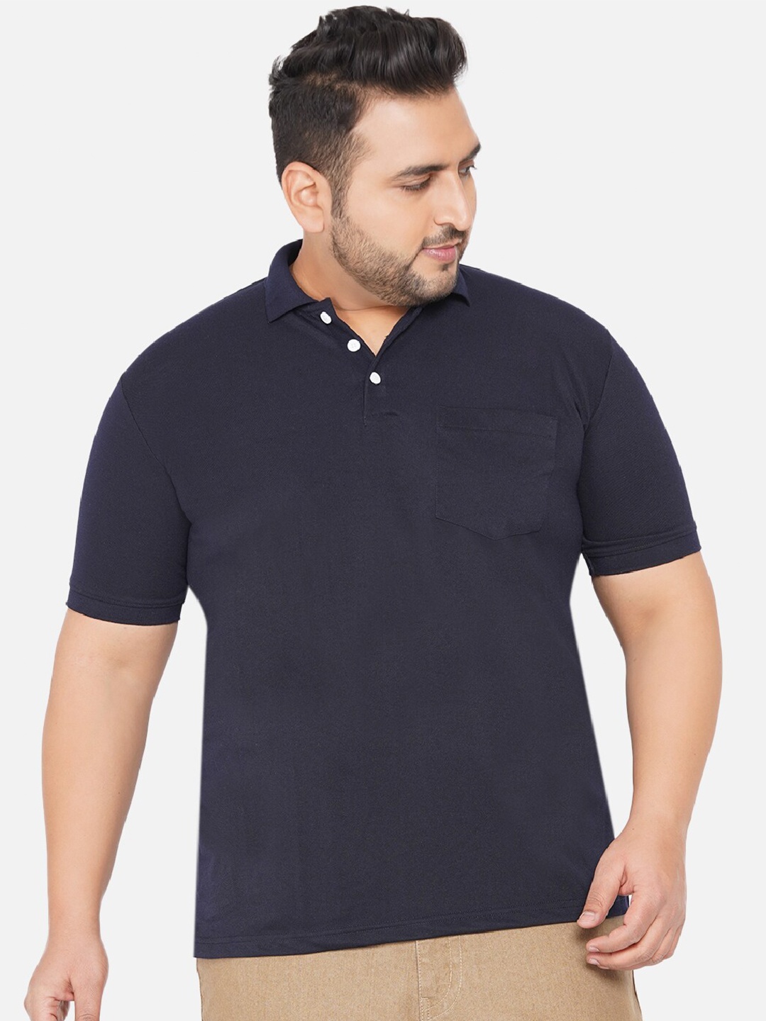 

John Pride Men Plus Size Navy Blue Solid Polo Collar Pocket T-shirt