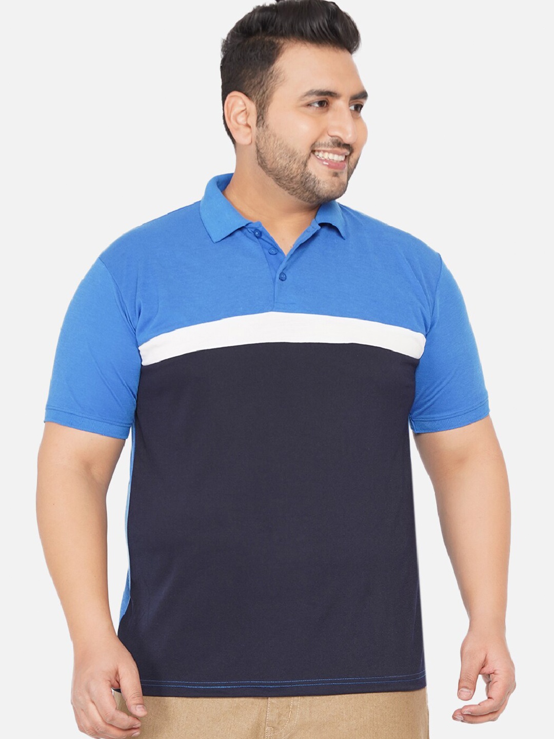 

John Pride Men Plus Size Blue Colourblocked Polo Collar Pockets T-shirt