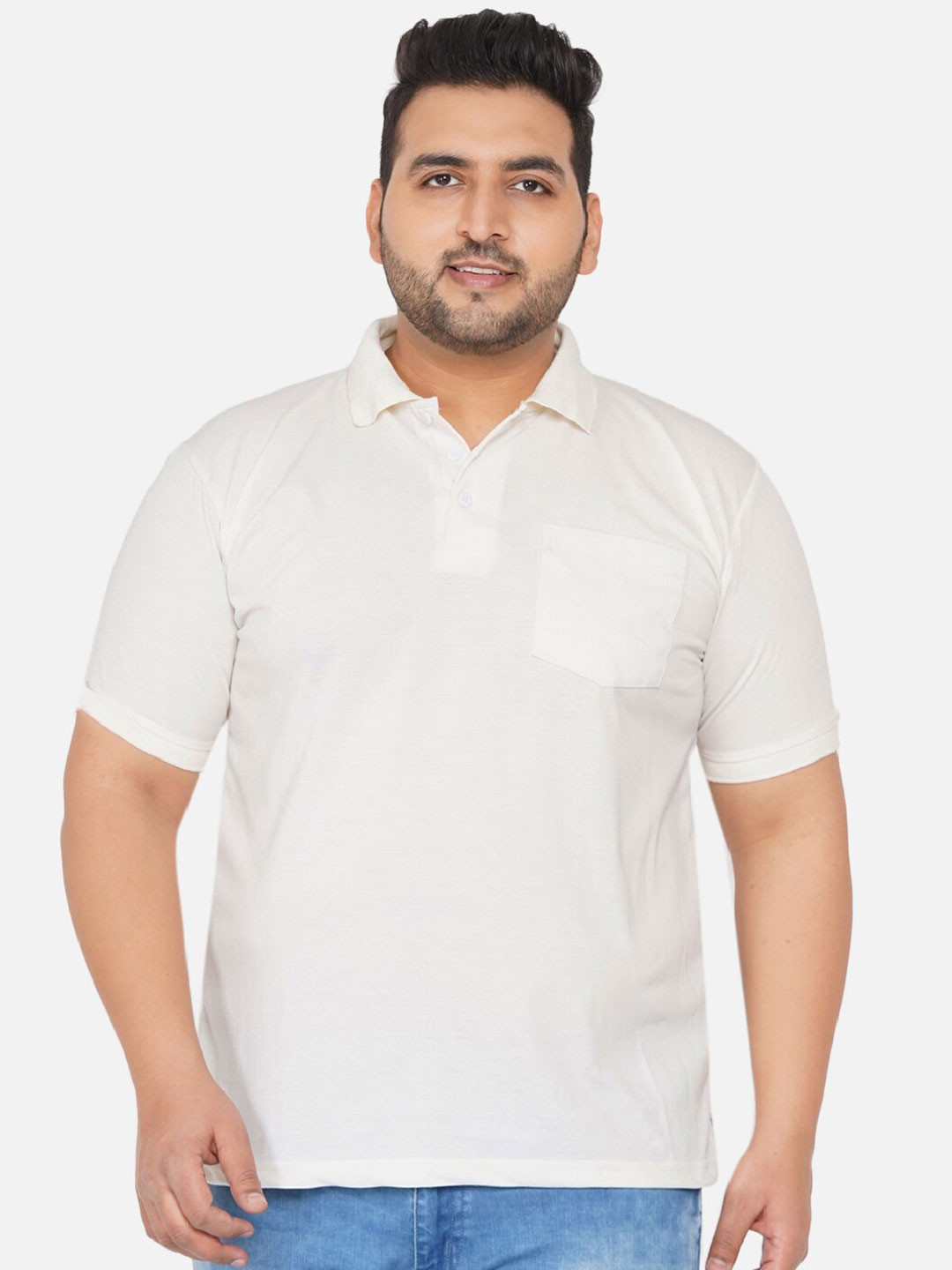 

John Pride Men Plus Size White Polo Collar Pockets T-shirt