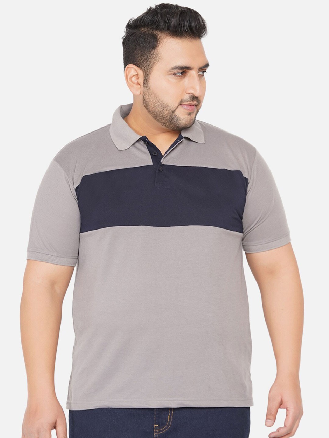 

John Pride Plus Size Men Grey & Navy Blue Colourblocked Polo Collar T-shirt