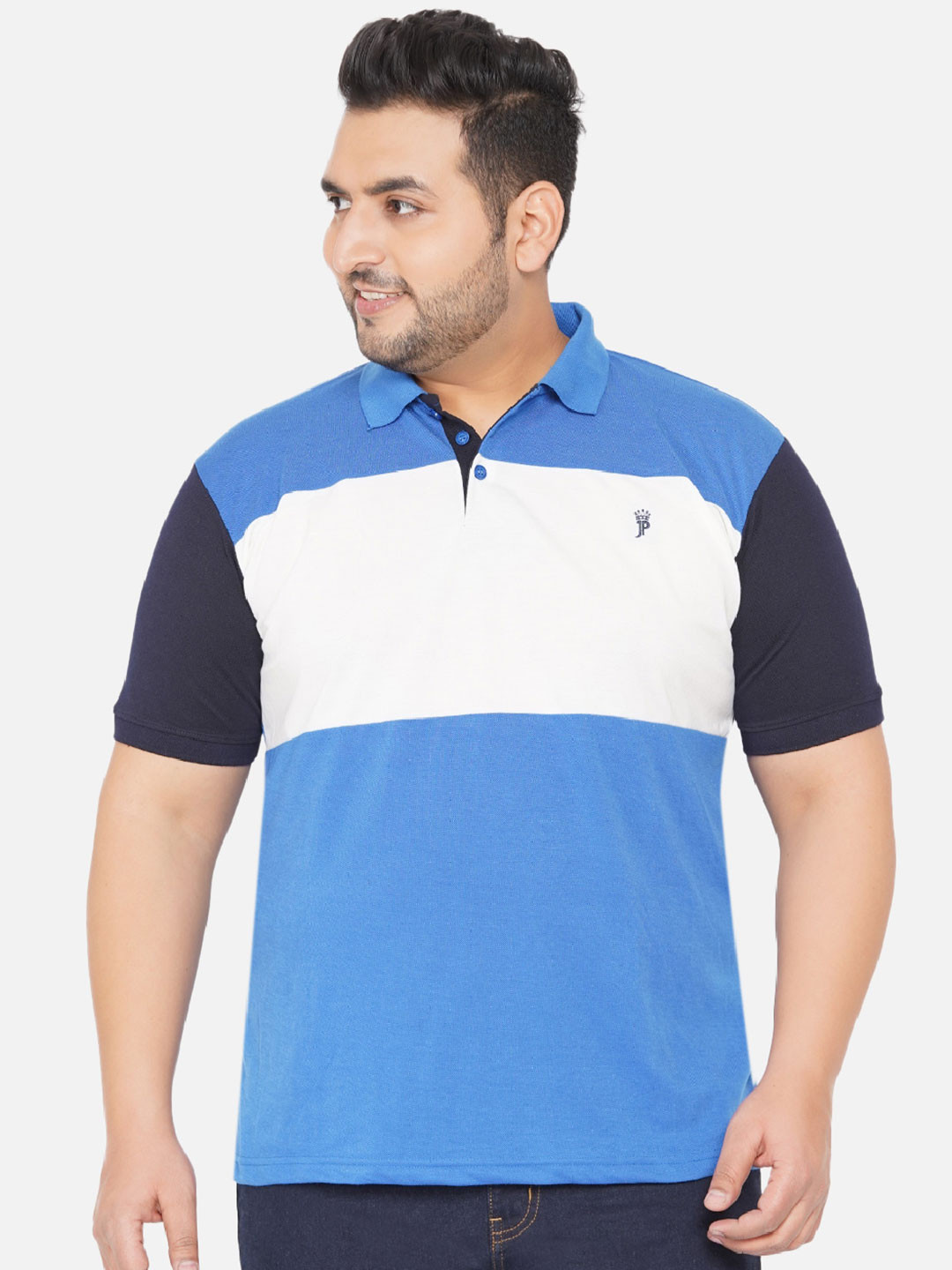 

John Pride Men Blue Colourblocked Polo Collar T-shirt