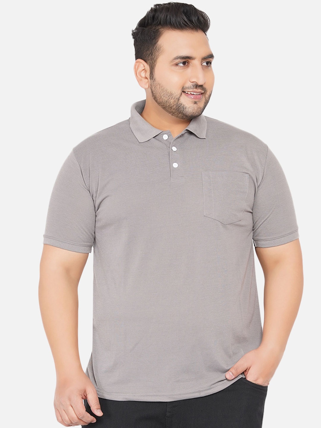 

John Pride Men Plus Size Grey Polo Collar Pockets T-shirt