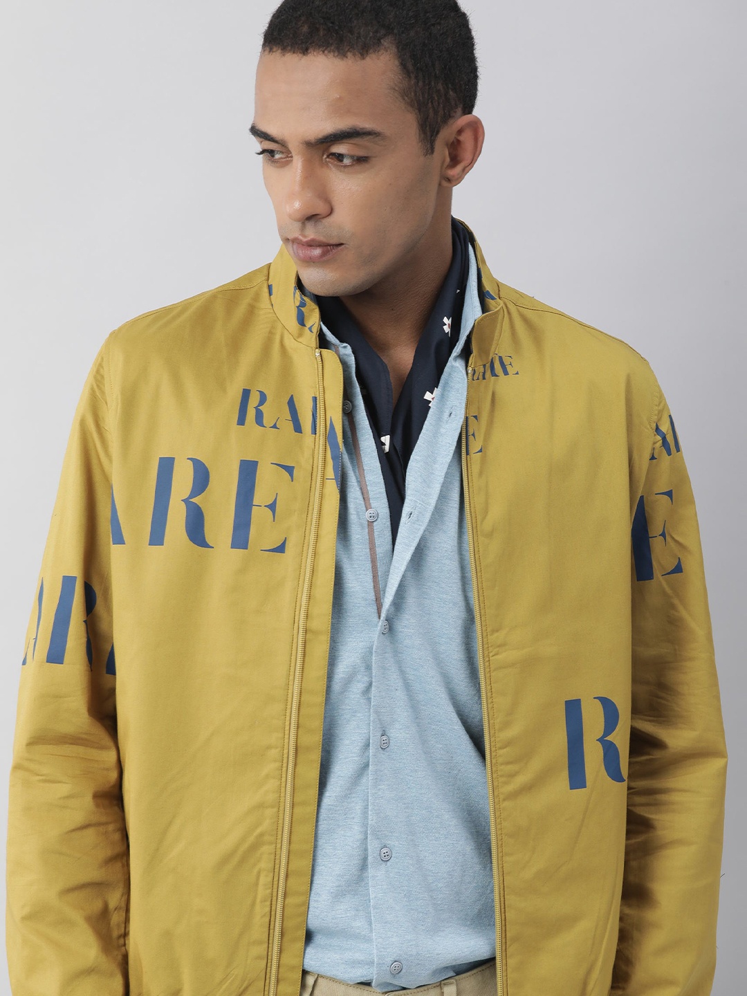 RARE RABBIT Men Overed Slim Fit Typography Printed Jacket, Mustard