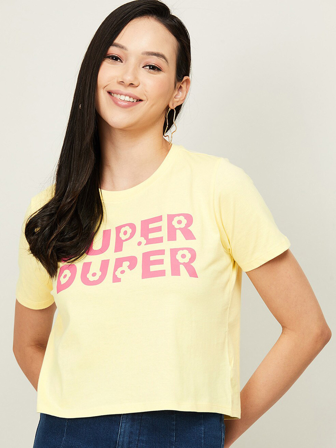 

Ginger by Lifestyle Women Yellow & Pink Typography Printed Boxy Top
