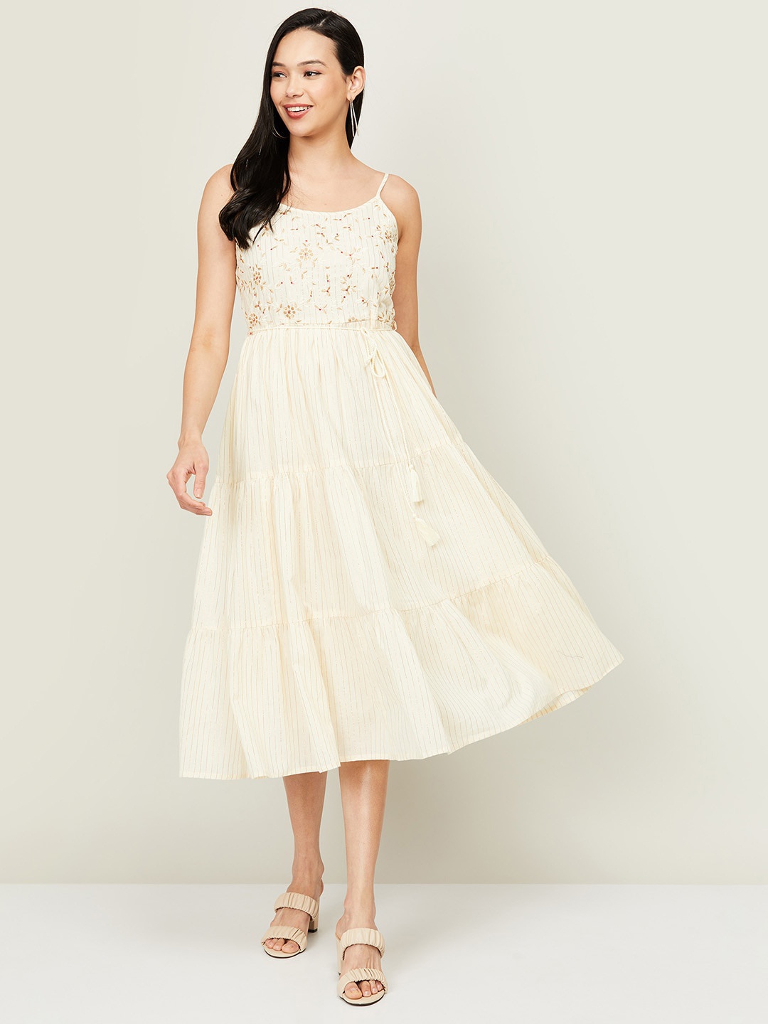 

Colour Me by Melange White Floral Embroidered Ethnic Midi Dress