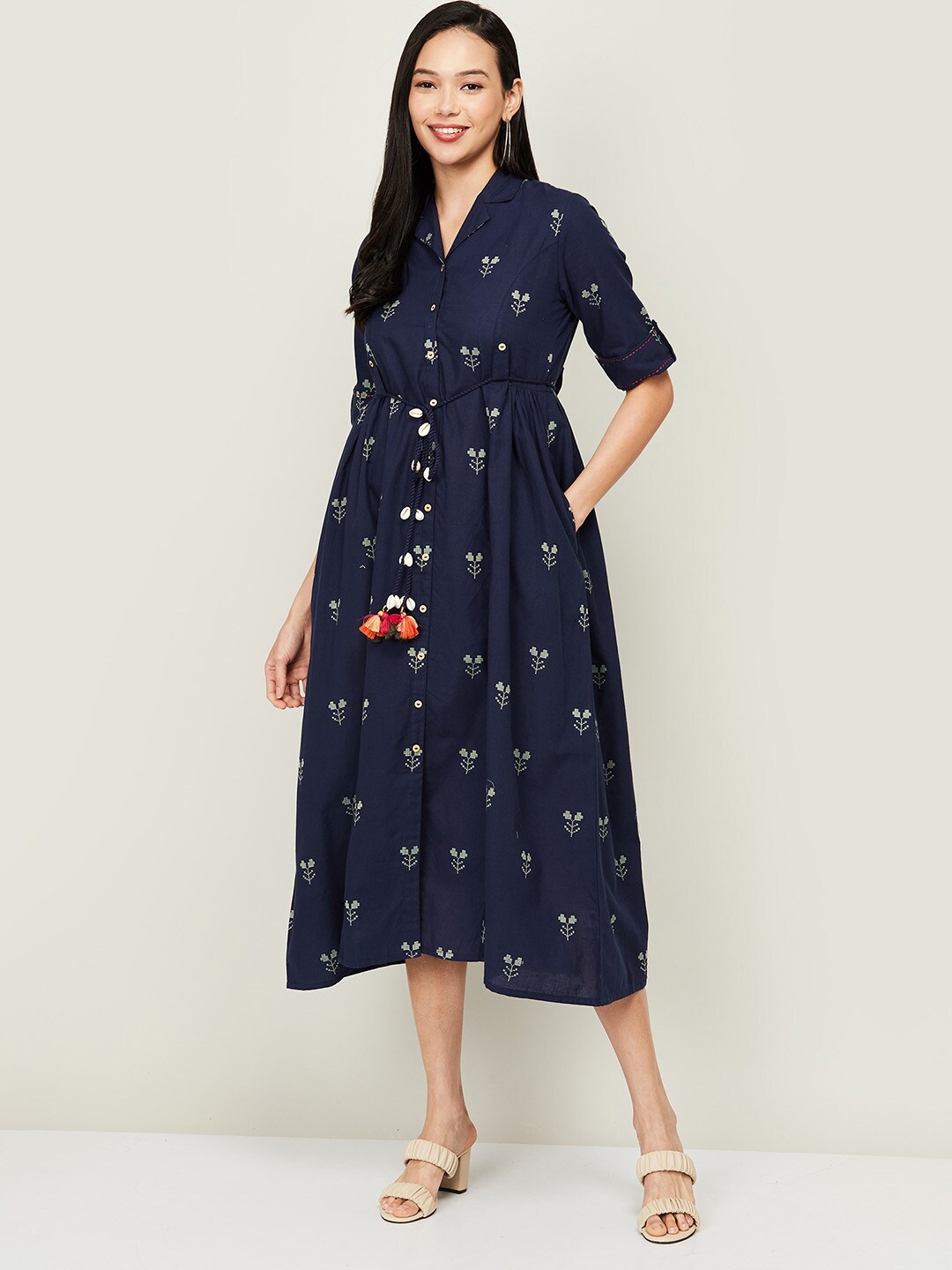 

Colour Me by Melange Blue Floral Ethnic Shirt Midi Dress