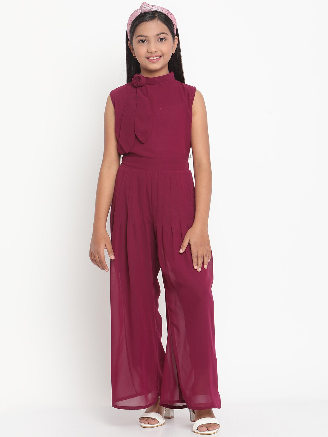 

Stuffie Land Girls Purple Solid Pleated Detailed Basic Jumpsuit