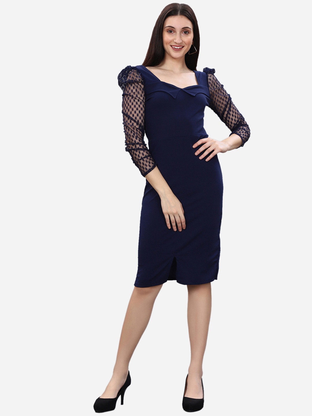 

Selvia Women Navy Blue Sweetheart Neck Sheath Dress