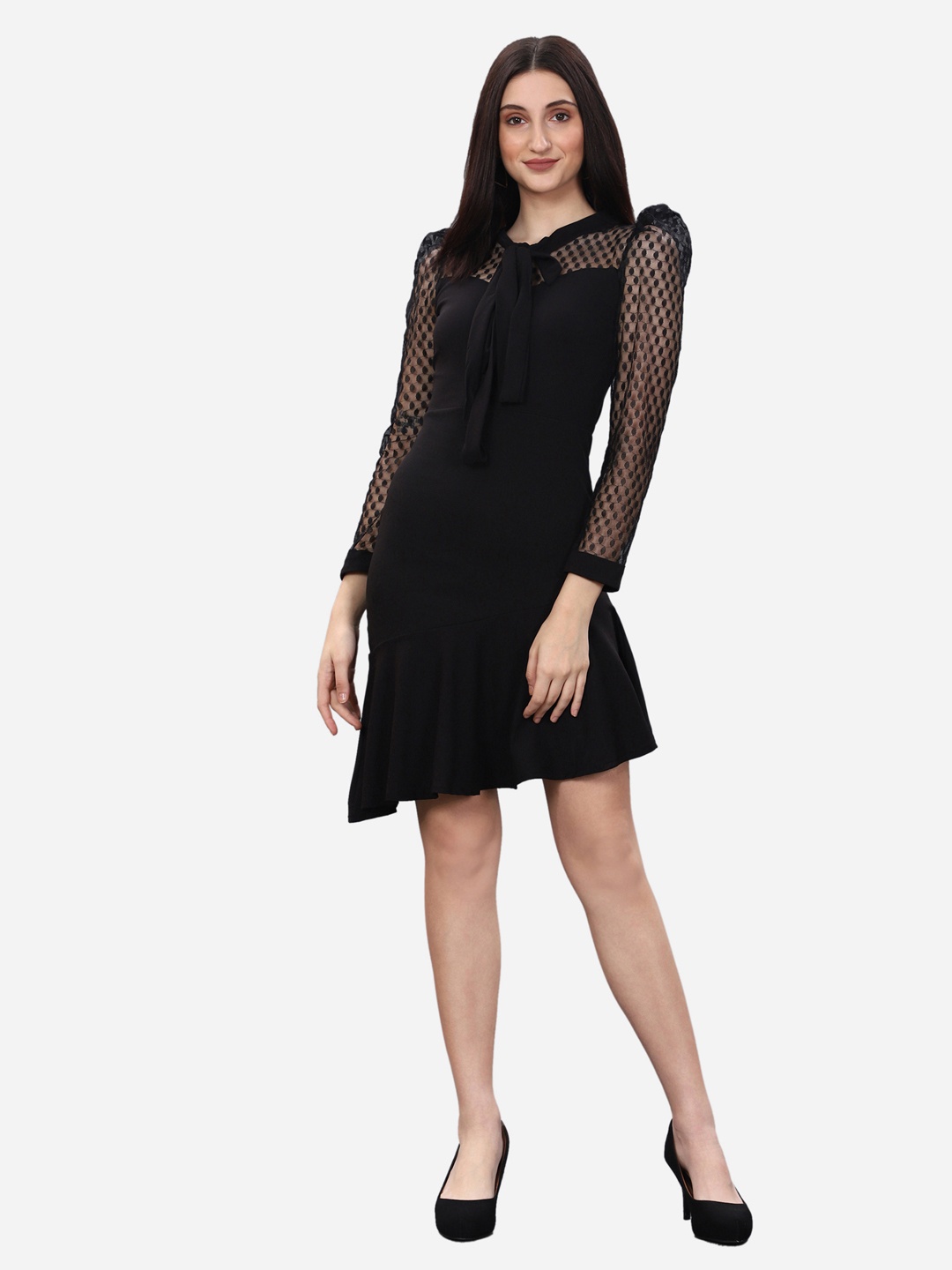 

Selvia Black Tie-Up Neck Drop-Waist Dress