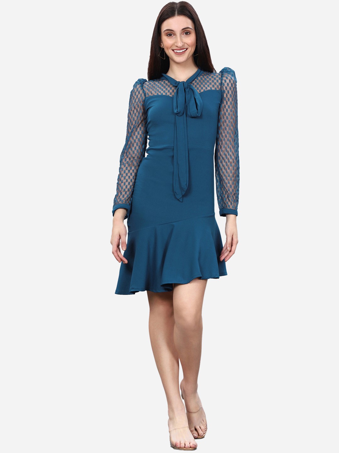 

Selvia Women Teal Blue Tie-Up Neck Bodycon Dress