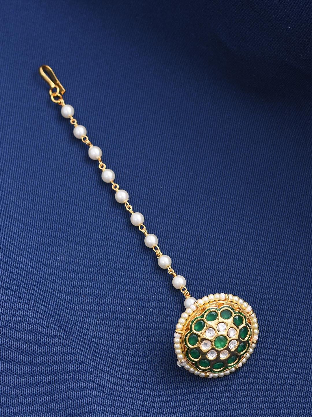 

Tistabene Green & Gold-Plated Traditional Kundan Meena Borla Maang Tikka